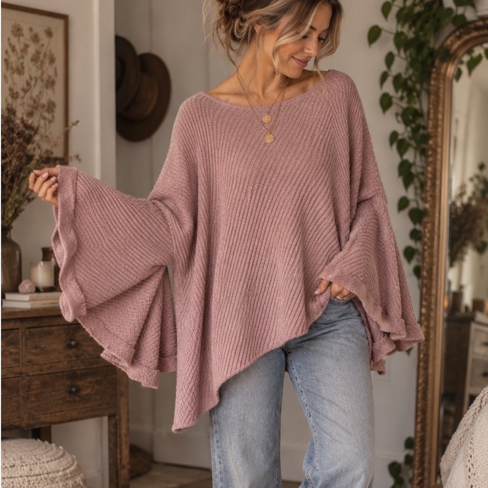 Free People XS Mauve Oversized Ribbed Bell Sleeve Sweater Boho Lagenlook Nursing